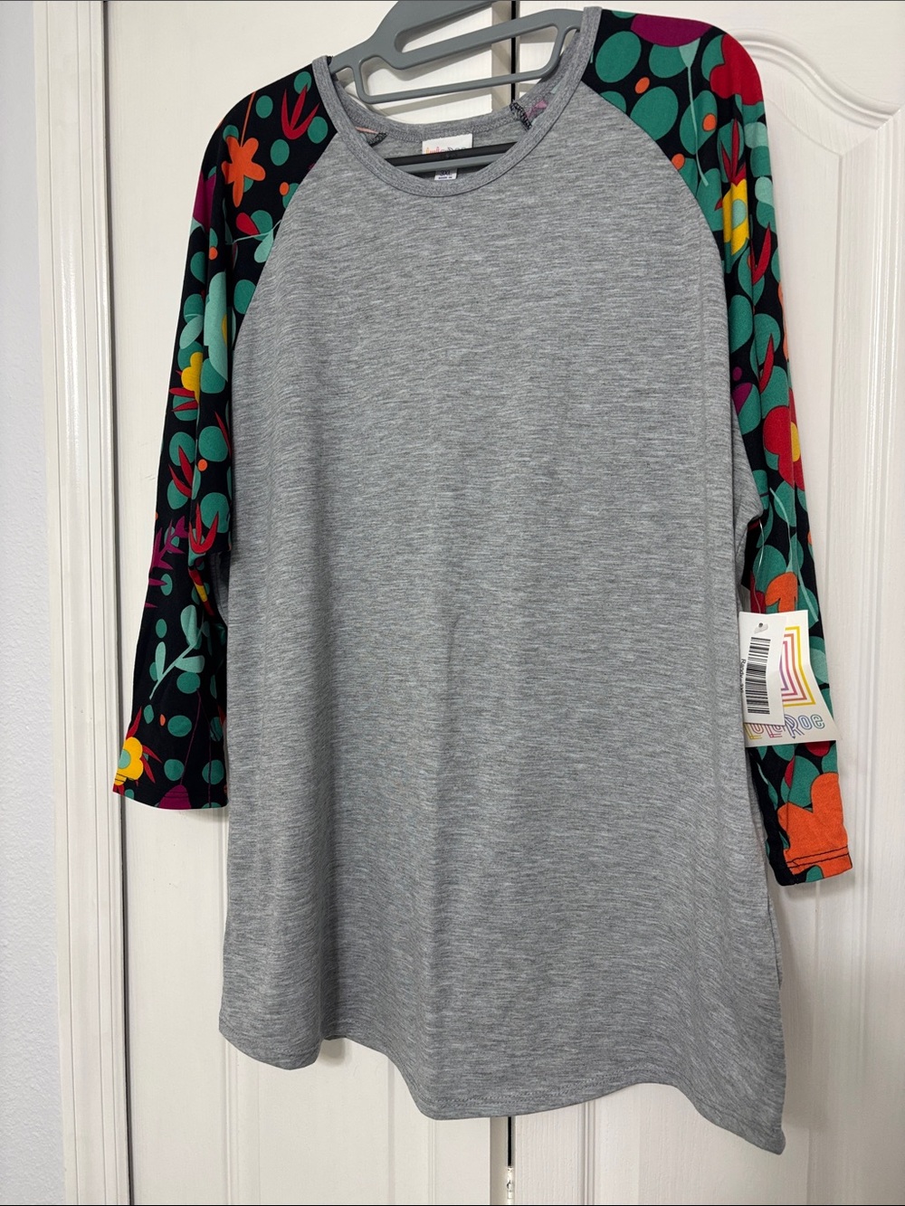 Heather Grey Raglan Top with Floral Accent